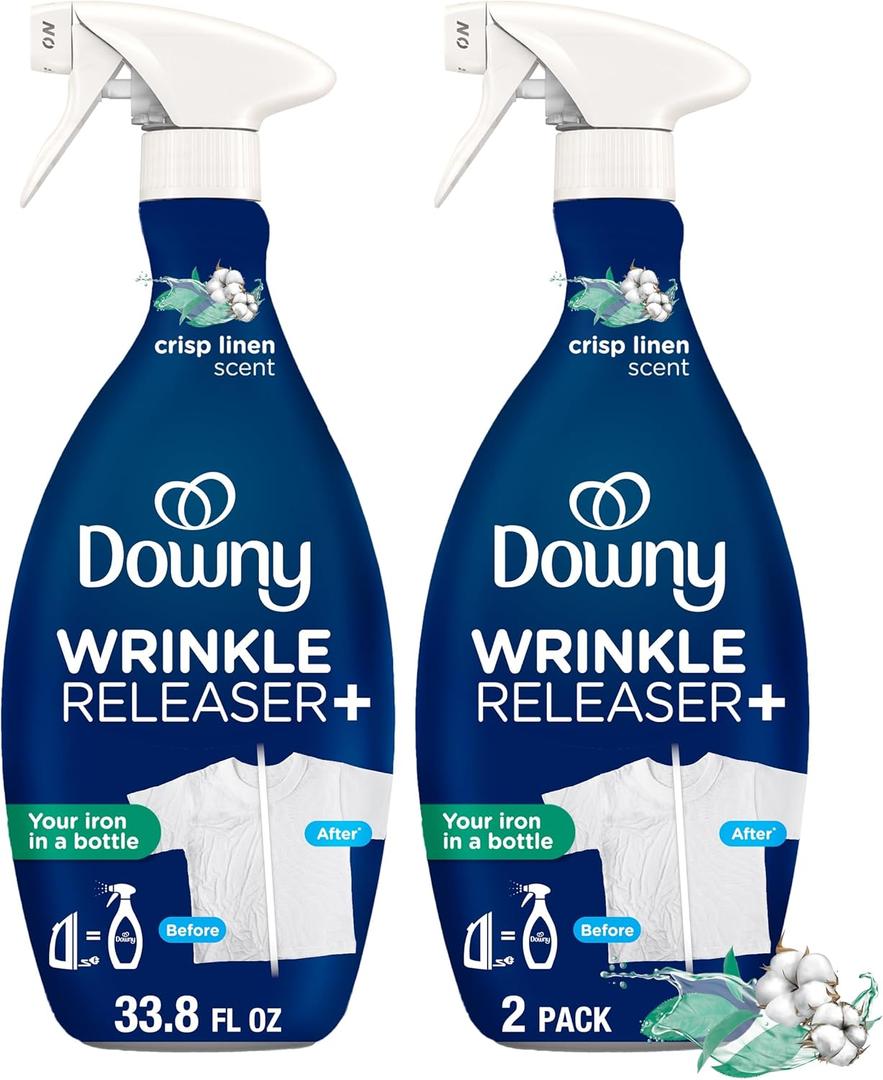Downy Wrinkle Releaser Spray, All In One Formula, Removes Wrinkles, Static and Odor Eliminator, Crisp Linen Scent, 33.8 Fl Oz, Pack of 2