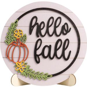 3D Hello Fall Sign, Wooden Autumn Pumpkin Harvest Round Decorative Signage Plaques Decor, Indoor Table Centerpiece Shelf Mantel Desk Thanksgiving Rustic Farmhouse Decorations for Home Office (White)