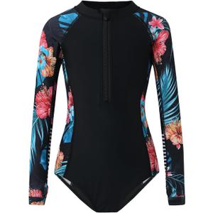 Girls Long Sleeve Rashguard Swimsuit UV Protection One-Piece Swimwear Bathing Suit, XXL