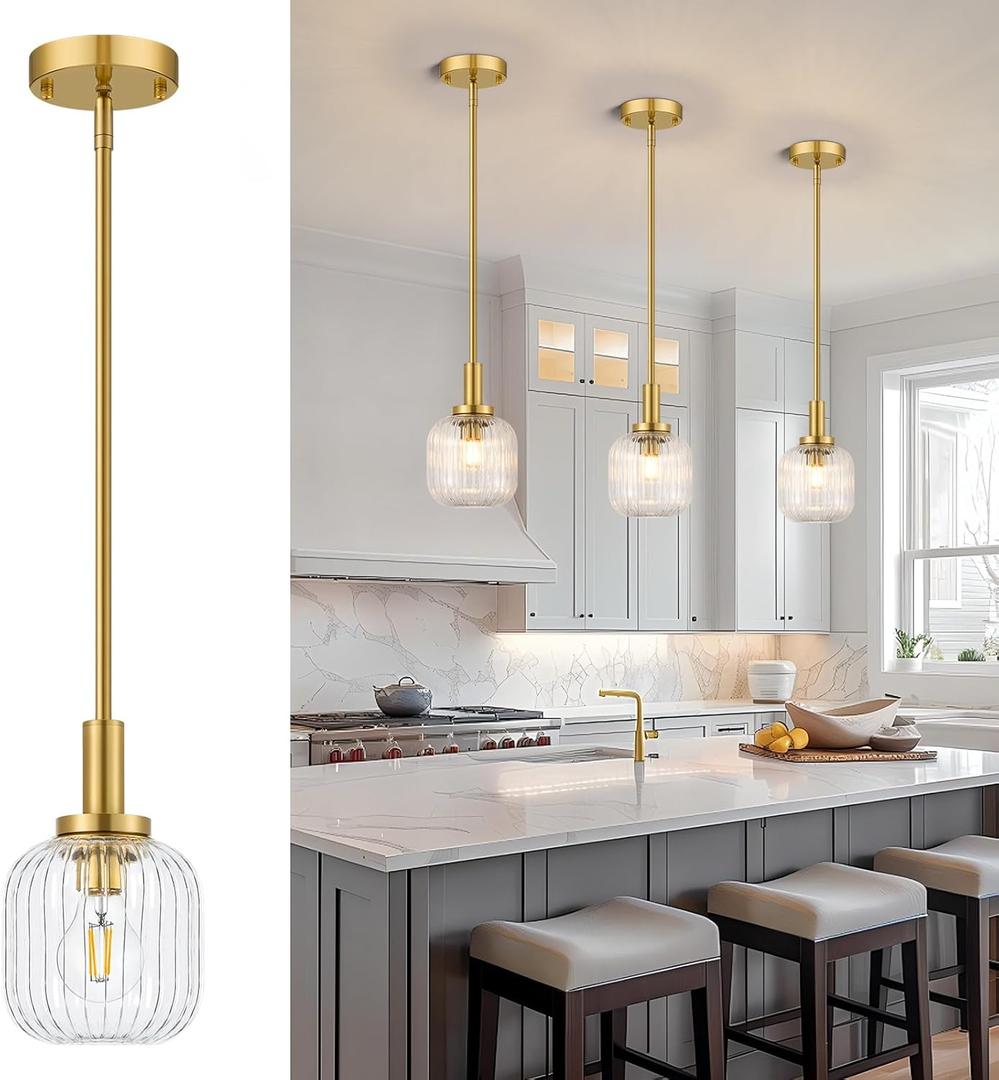 Osimir Brushed Gold Pendant Lights Kitchen Island, 1-Light 5.9" Modern Glass Pendant Light with Clear Glass and Rods, Mini Hanging Lighting for Kitchen Sink Bathroom Bedroom, OS-YQ7749-1PBG