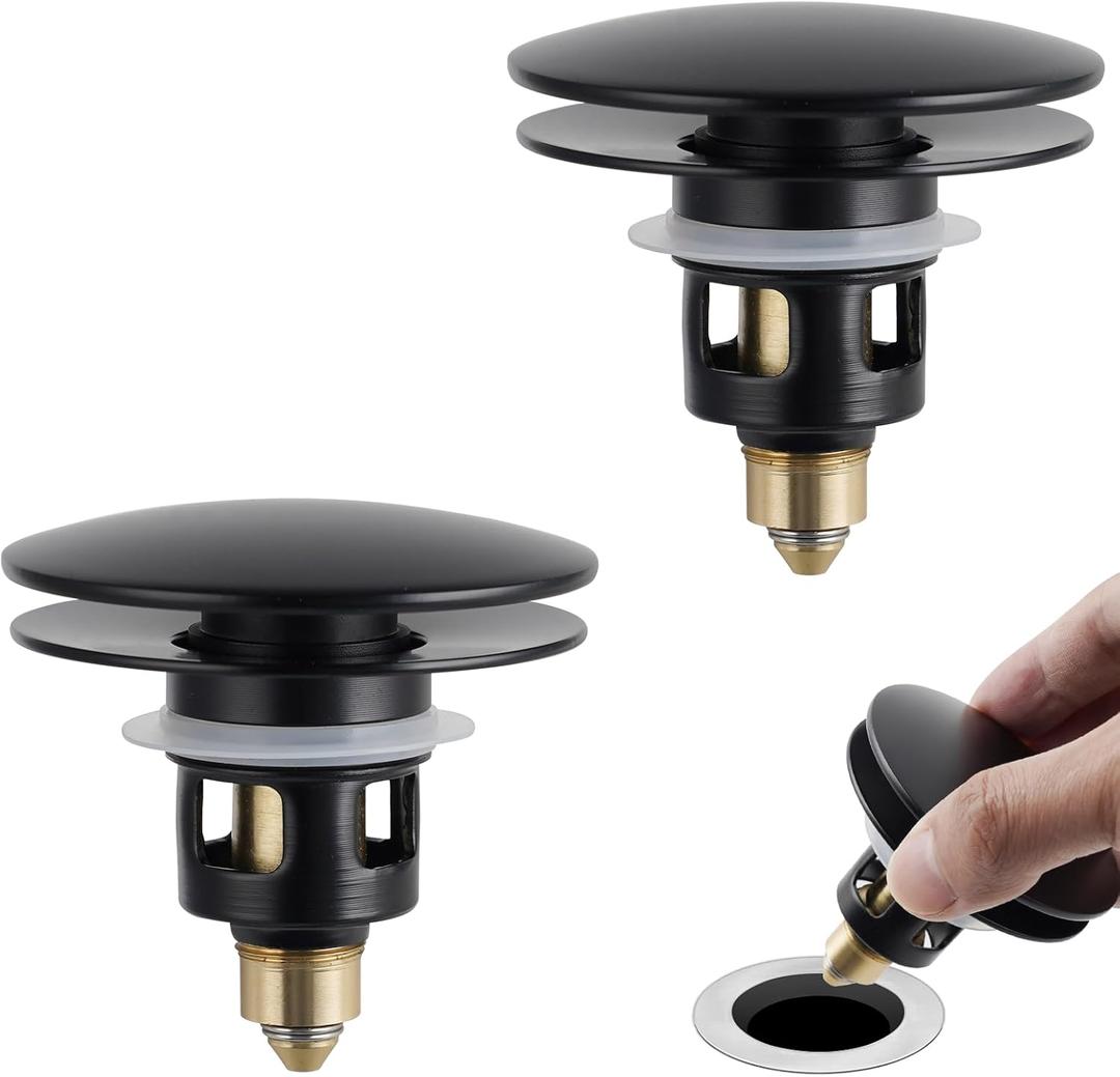 Hygie Rinse 2PCS Bathroom Sink Stopper 2 in 1 Pop Up Metal Sink Drain Strainer with Hair Catcher, Fit for 1.1~2.36" Sink Basin Hole, Not for Bathtub, Big Cover Cap, Anti-clog, Matte Black