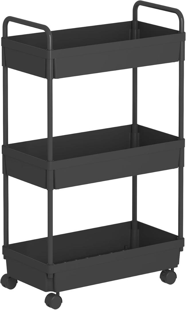 Buzowruil Rolling Storage Cart 3 Tier Organizer Mobile Shelving Unit Storage Rolling Utility Cart with Wheels for Kitchen Bathroom Laundry,Black