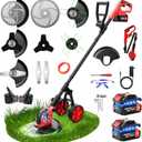 20000 RPM Electric Weed Eater Battery Powered,12″ Brushless Electric Weed Wacker Cordless Wheeled String Trimmer,4 in 1 Grass Trimmer/Brush Cutter/Grass Edger/Stringless Weed Trimmer 5 Blade,2 Battery