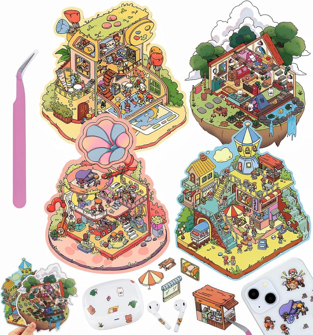 DIY 3D House Stickers, 4 Sets Fun DIY Stickers Scene Make Your Own Mini House Cute Cartoon Animal Scene Stickers for Kids Adult Sticker Art Relief Stress Pass The Time