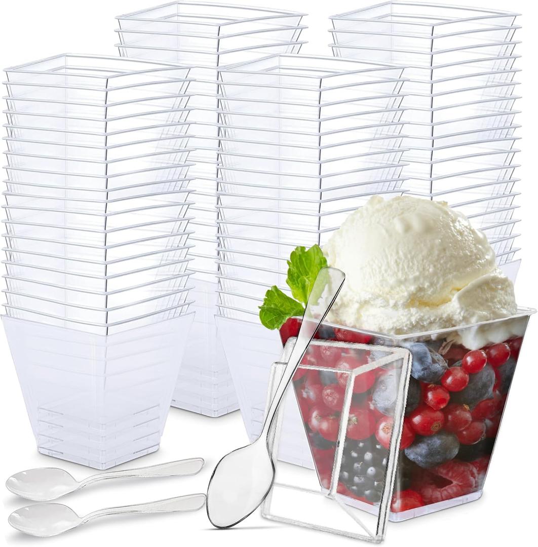 Oasis Creations 8 oz Square Dessert Cup - 50 Count - Lids & Spoons Included - Clear Plastic - Appetizer & Parfait Cup - Disposable or Reusable