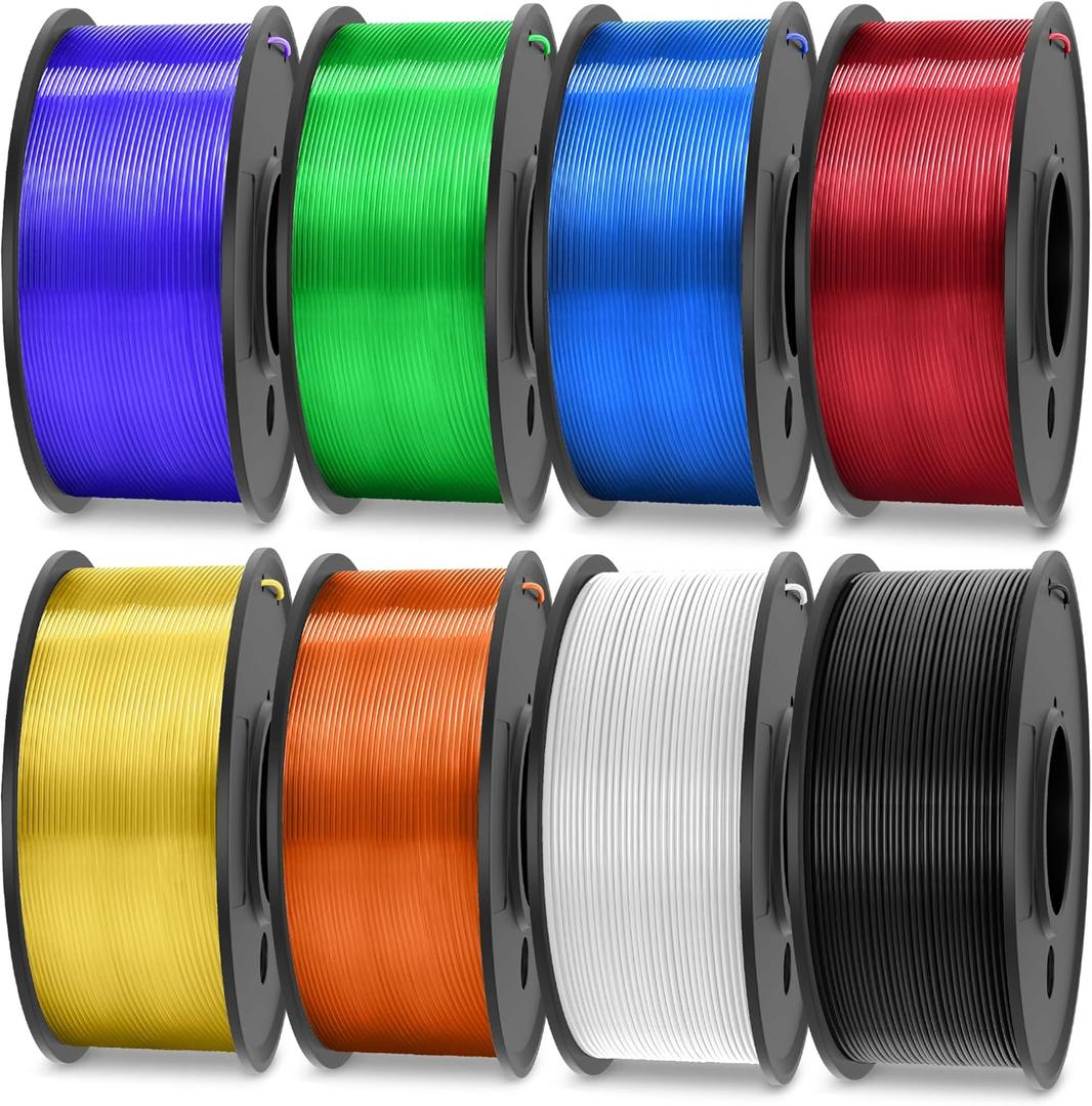 TECBEARS Translucent PLA 3D Printer Filament, PLA Filament Bundle, 0.25kg Each Spool, Total 2kg, 8 Packs, Black+White+Transparent (Red,Purple,Orange,Blue,Yellow,Green)