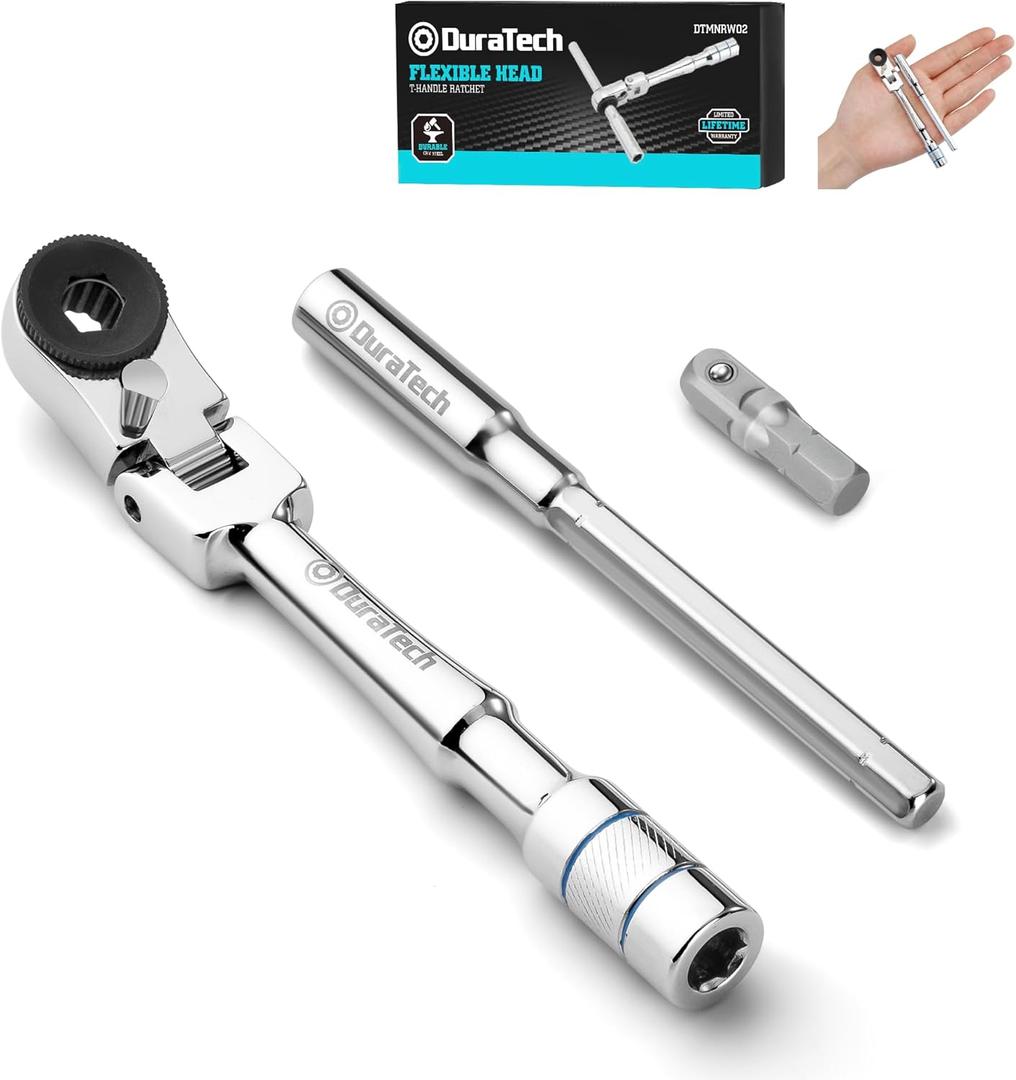 DURATECH 1/4" Flex Head T-Handle Ratchet, Mini Ratchet Wrench with Hex Bit Extension Set and Sokcet Adapter, Suits Standard 1/4" Hex Bits, Portable and Versatile Repair Tool for Tight Spaces