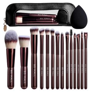 BS-MALL 14 Pcs Makeup Brushes Set with 1 Pcs Makeup Sponge Essential Foundation Powder Concealers, Eye Shadows, Blush Makeup Brushes with Travel Makeup Case (Coffee)