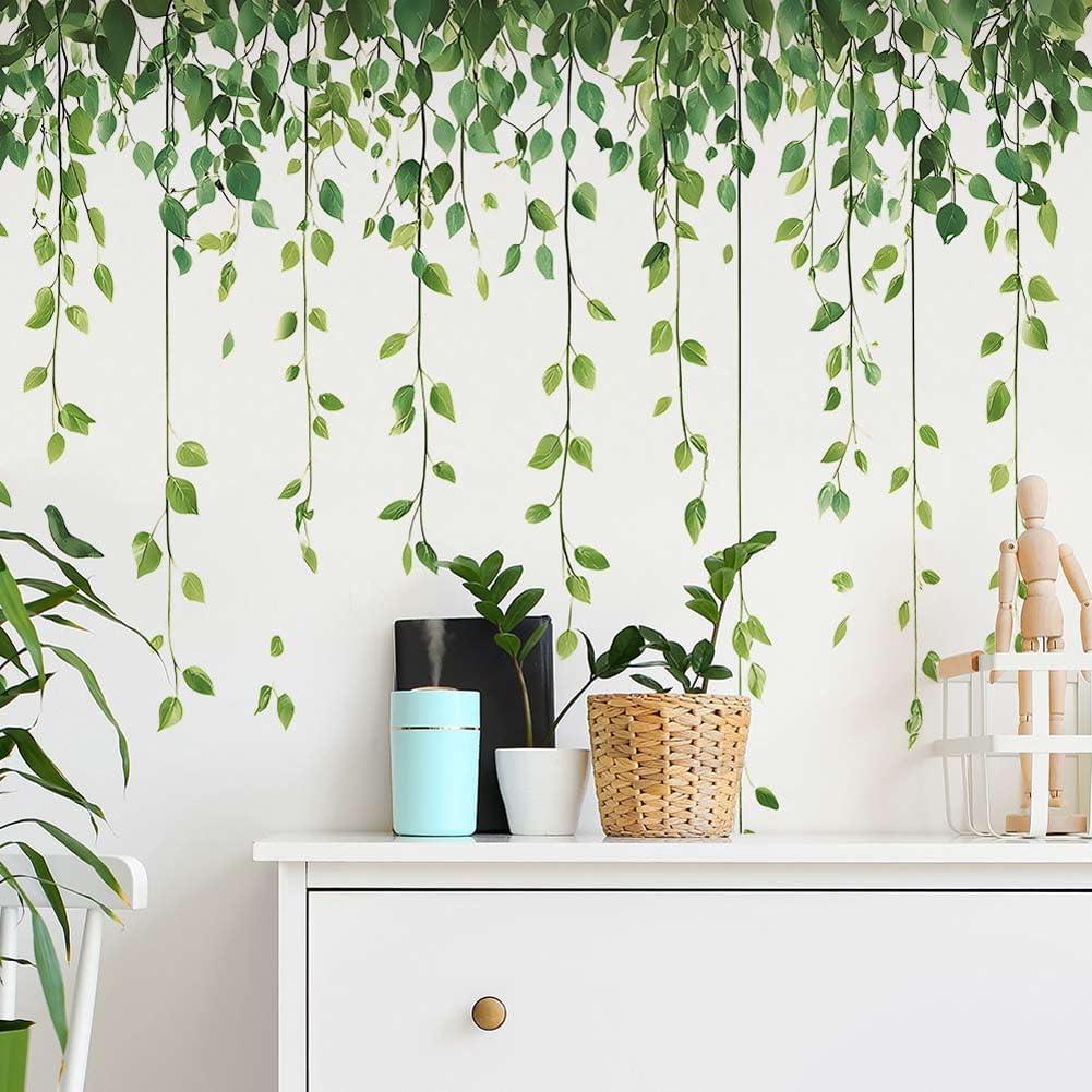 Hanging Green Vine Wall Decor Peel and Stick for Living Room, Nature Plants String of Pearls Leaves Wall Art Decals Stickers for Bedroom Sofa TV Background (#143)