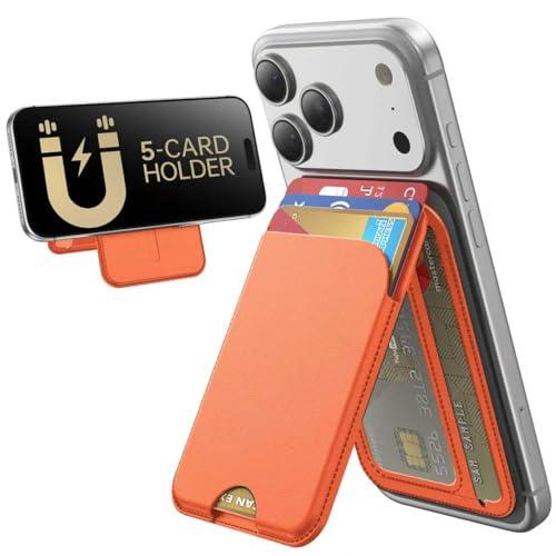 TWZKG for MagSafe Wallet, 5 Cards Holder with Stand, Magnetic Phone Wallet Stand for iPhone 17/16/15/14/13/12 Pro Max Air Plus Series, RFID Blocking Vegan Leather,Orange