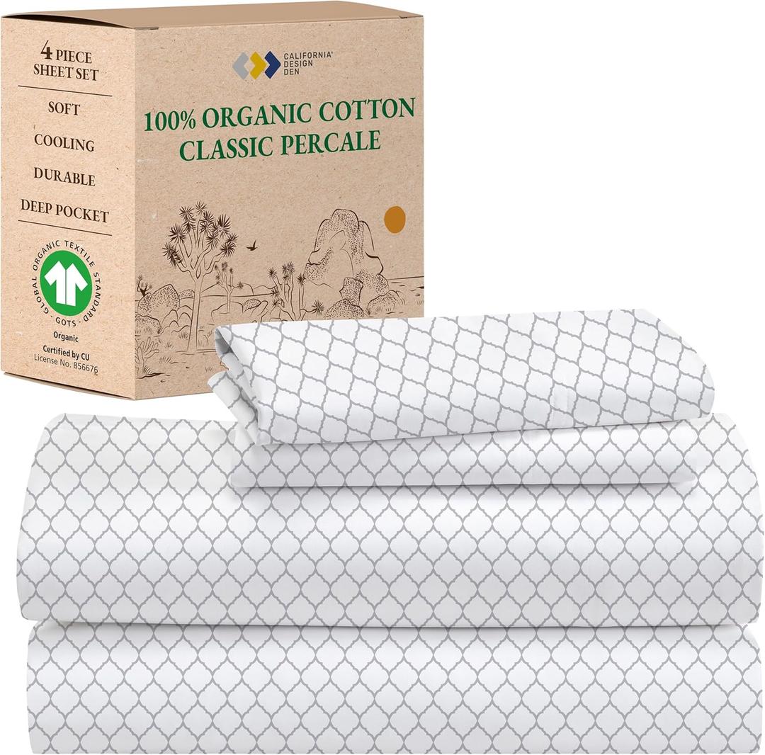 California Design Den Full Sheet Set Cotton, 100% Organic Cotton Percale Sheets, Deep Pocket Sheets & Pillowcase Set - Quatrefoil Grey