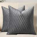 Grey Striped Decorative Pillow Cases: 2 Pack 16x16 Inch Original Velvet Square Throw Pillow Covers for Farmhouse Couch