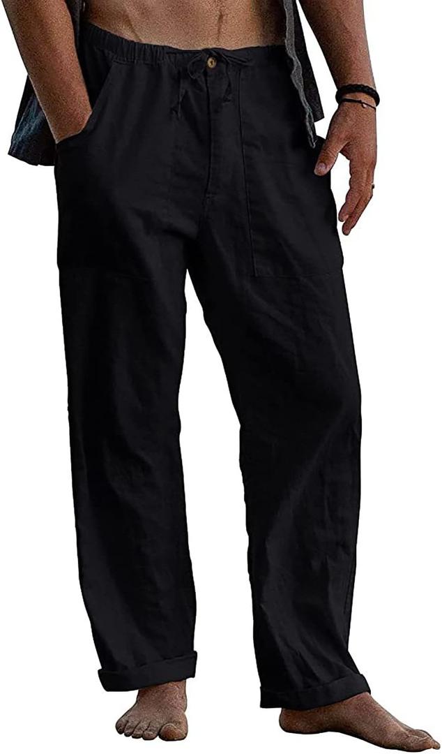 FANARCHER Mens Cotton Linen Pants Drawstring Loose Beach Pants with Pockets (X-Large, Black)
