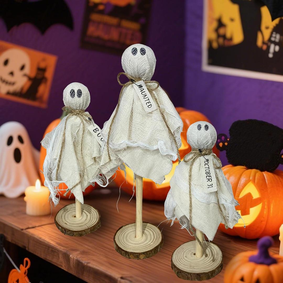 2 x Halloween Ghost Decor - 3PCS Primitive Wooden Ghost Kit for Farmhouse Table Centerpieces Shelf Mantel Kitchen Decor (Set of 3, Natural)