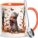 Hyturtle Fall Cat Maple Leaves Coffee Mug with Spoon, Birthday Gifts For Cat Lovers, Fall Autumn Decor Gifts For Farmhouse Thanksgiving, Cute Autumn Mug, 11oz Two Tone White Ceramic Coffee Tea Cup