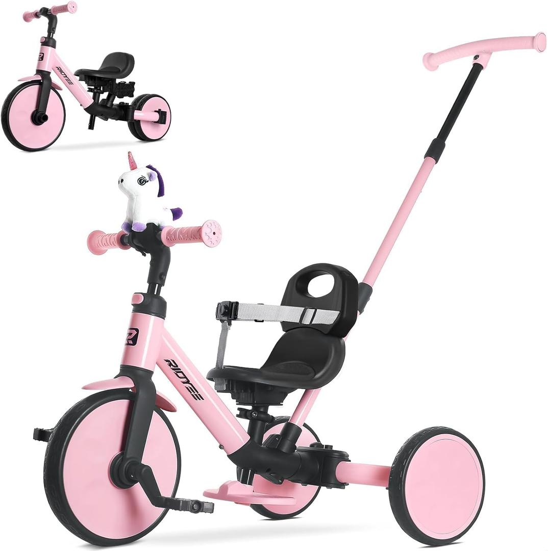 5-in-1 Toddler Tricycle for Ages 1.53, Parent Steering Push Trike, Tool-Free Convertible to Balance Bike, Safety Belt, Removable Backrest and Footrest, Ride-On Toy for Boys & Girls, Pink