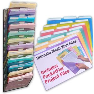 Ultimate Office Mesh Wall File Organizer, 12 Tier Vertical Mount Hanging File Sorter. Multipurpose Display Rack Includes 18, 3rd Cut PocketFile Clear Document Folder Project Pockets (Black)