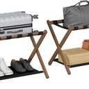Smuxee Walnut Bamboo Luggage Rack Pack of 2, Foldable Suitcase Stand with Storage Shelf, Easily Assembled Luggage Stand with 5 Nylon-Straps for Guest Room Hotel Bedroom