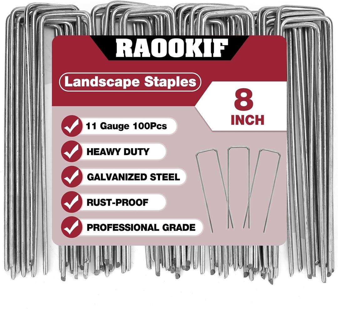 RAOOKIF 8 Inch Galvanized Garden Landscape Staples, 100Pcs Garden Metal Stakes, 11 Gauge Heavy Duty Ground Stakes for Decoration, Fence, Lawn, Fabric Pins