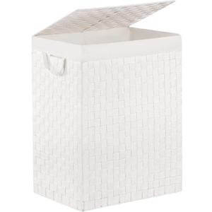 YOUDENOVA Handwoven Laundry Basket Hamper with Removable Bag and Lid, Collapsible Clothes Hamper with Handle, White
