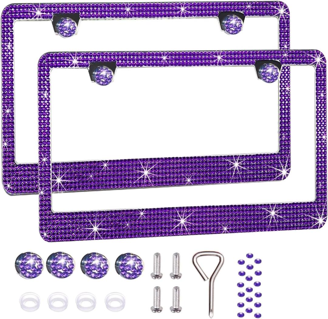 2 Pack License Plate Frames for Women, Sparkly Rhinestone Diamond Car Accessories with Glitter Crystal Caps (Violet 2PCS)