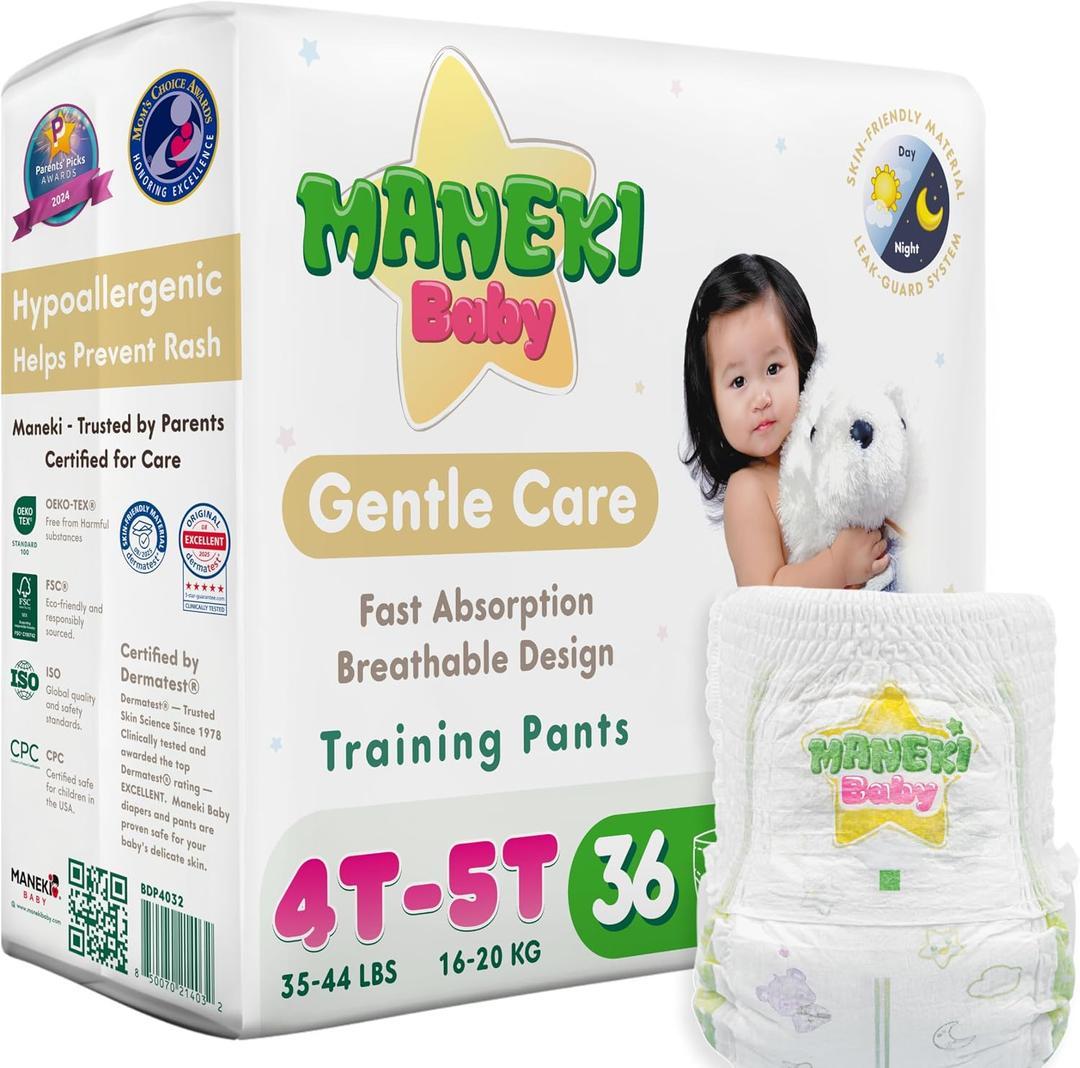 Maneki Baby Hypoallergenic Potty Training Pants 4T5T, 36 Count (3544 lbs), Pull-On Diaper Pants & Training Underwear, Soft, Unscented & High Absorbency for Overnight & Daily Use, XXL