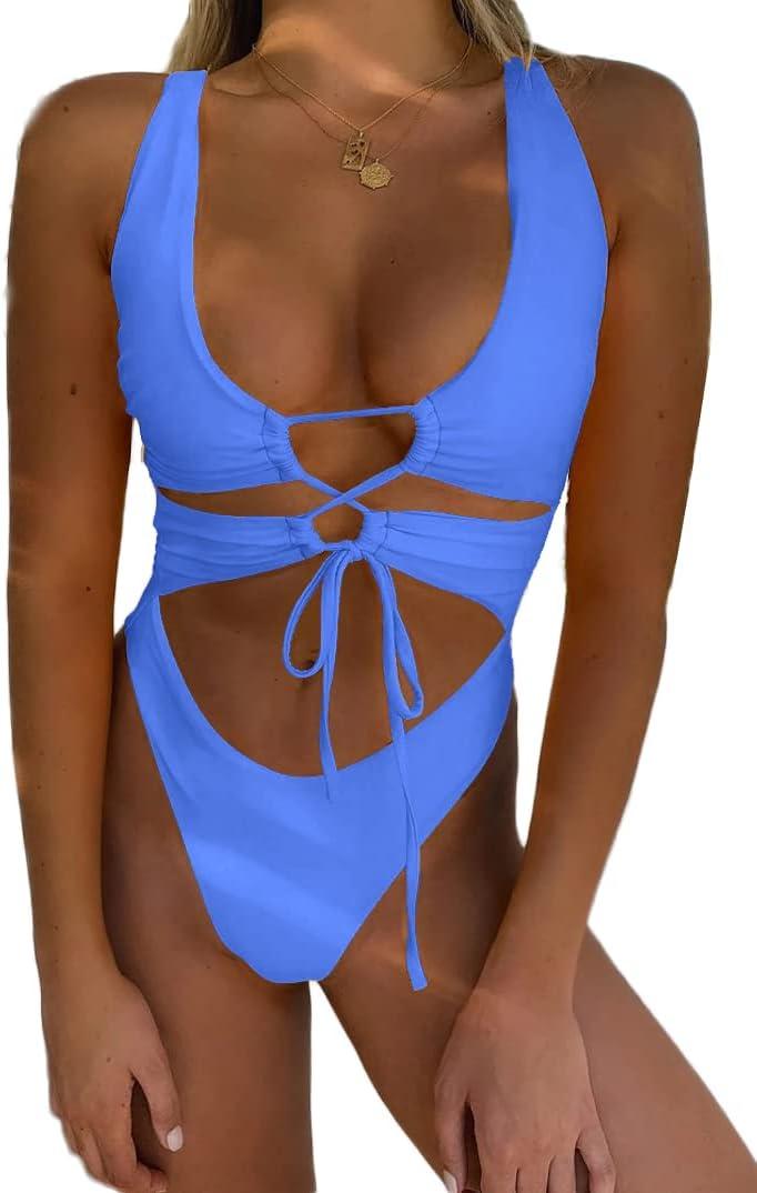 CHYRII Women's Sexy Cutout Lace Up Backless High Cut One Piece Swimsuit Monokini (Blue, L)