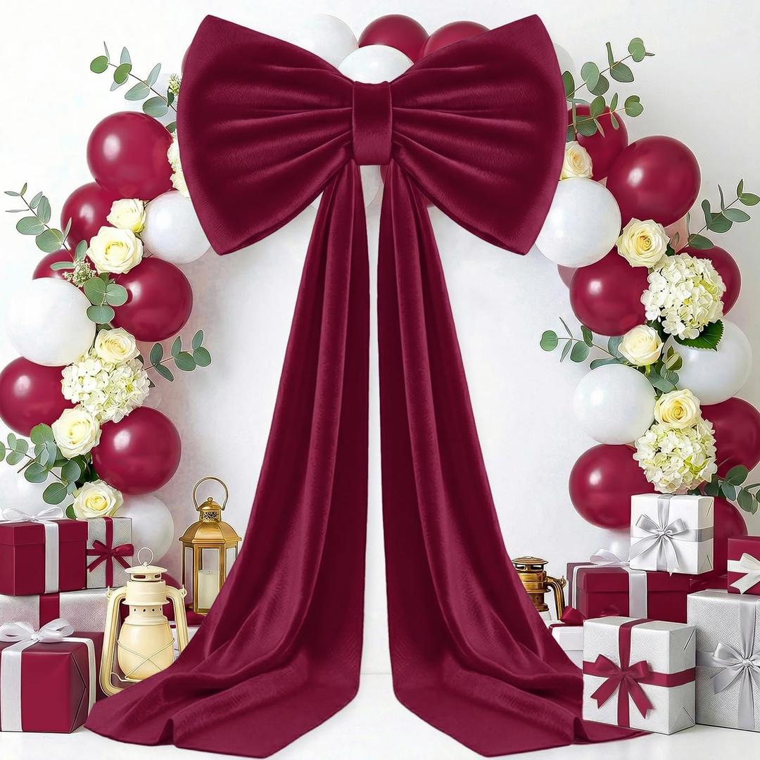 MODFUNS Large Bow Decor Burgundy Big Bow for Backdrop, 75x23 Inch Large Velvet Bows with Long Ribbon 3D Oversized Bows for Birthday Party Wedding Ceremony Baby Shower Wall Decorations