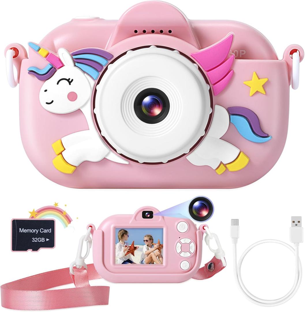 ZUODUN Kids Camera Toys for Girls Age 3-8, Kids Digital Camera Toddler Camera for 3 4 5 6 7 8 Years Old Birthday Gifts, 1080P Video with Cute Protective Cover & 32GB SD Card (Pink)