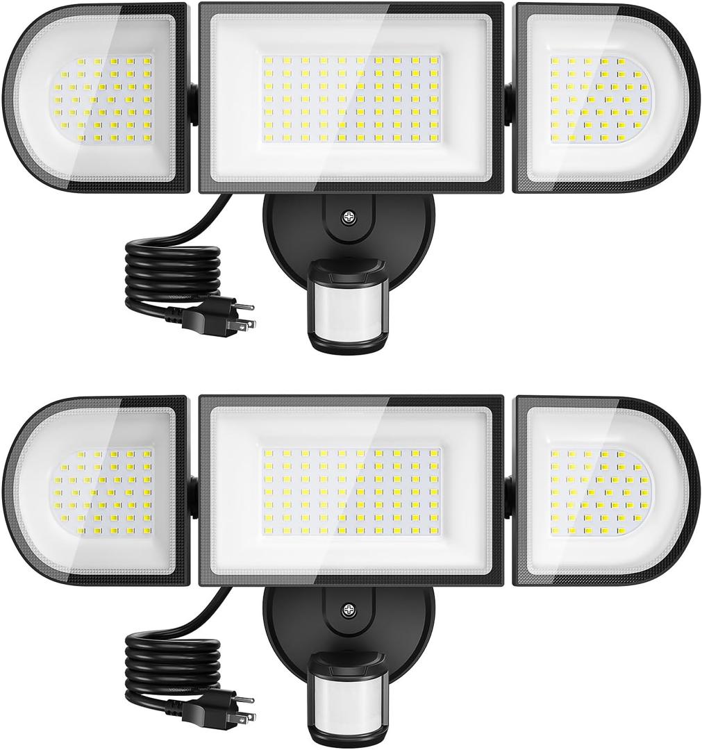iMaihom 100W Motion Sensor Outdoor Lights Plug in, 9000LM LED Security Light, Dusk to Dawn Motion Flood Light, 6500K, IP65 Waterproof, 3 Head Exterior Motion Detector Light for Yard Garage (2Pack)