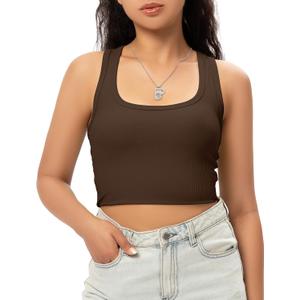 Sports Crop Tank Tops for Women Cropped Workout Tops Racerback Running Yoga Tanks Cotton Sleeveless Gym Shirts (Brown, XS)