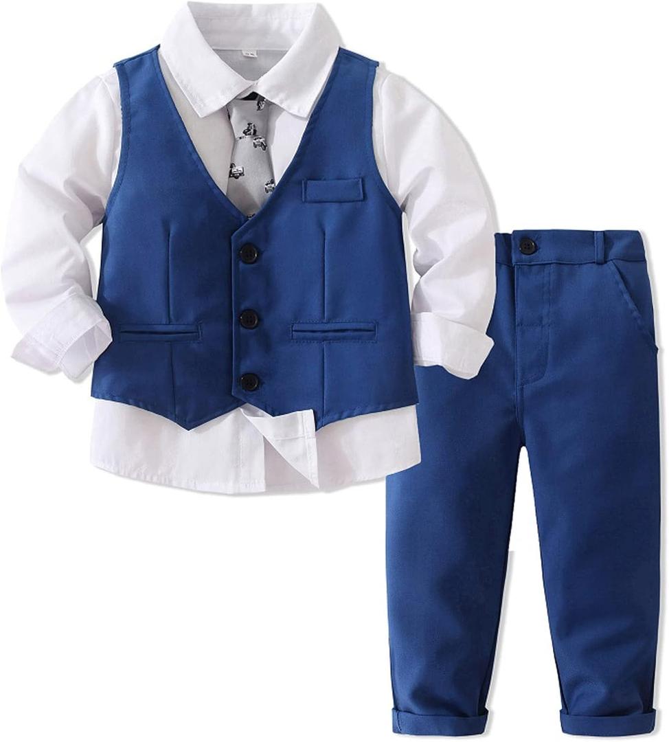 Boys Gentleman Suits Toddler Kids Wedding Outfit Clothes 4 Pieces Dress Shirt & Pants & Vest Set with Bowtie, 2-8 Years (Blue)