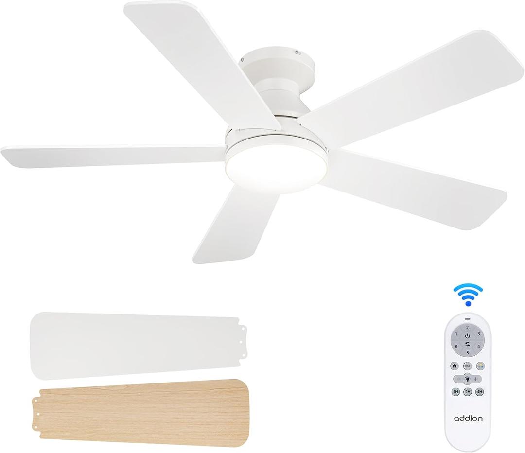 Addlon Ceiling Fans with Lights, 42 Inch Low Profile Ceiling Fan with Light And Remote Control, Flush Mount, Reversible, 3CCT, Dimmable, Quiet, White Small Ceiling Fan for Bedroom Indoor/Outdoor Use