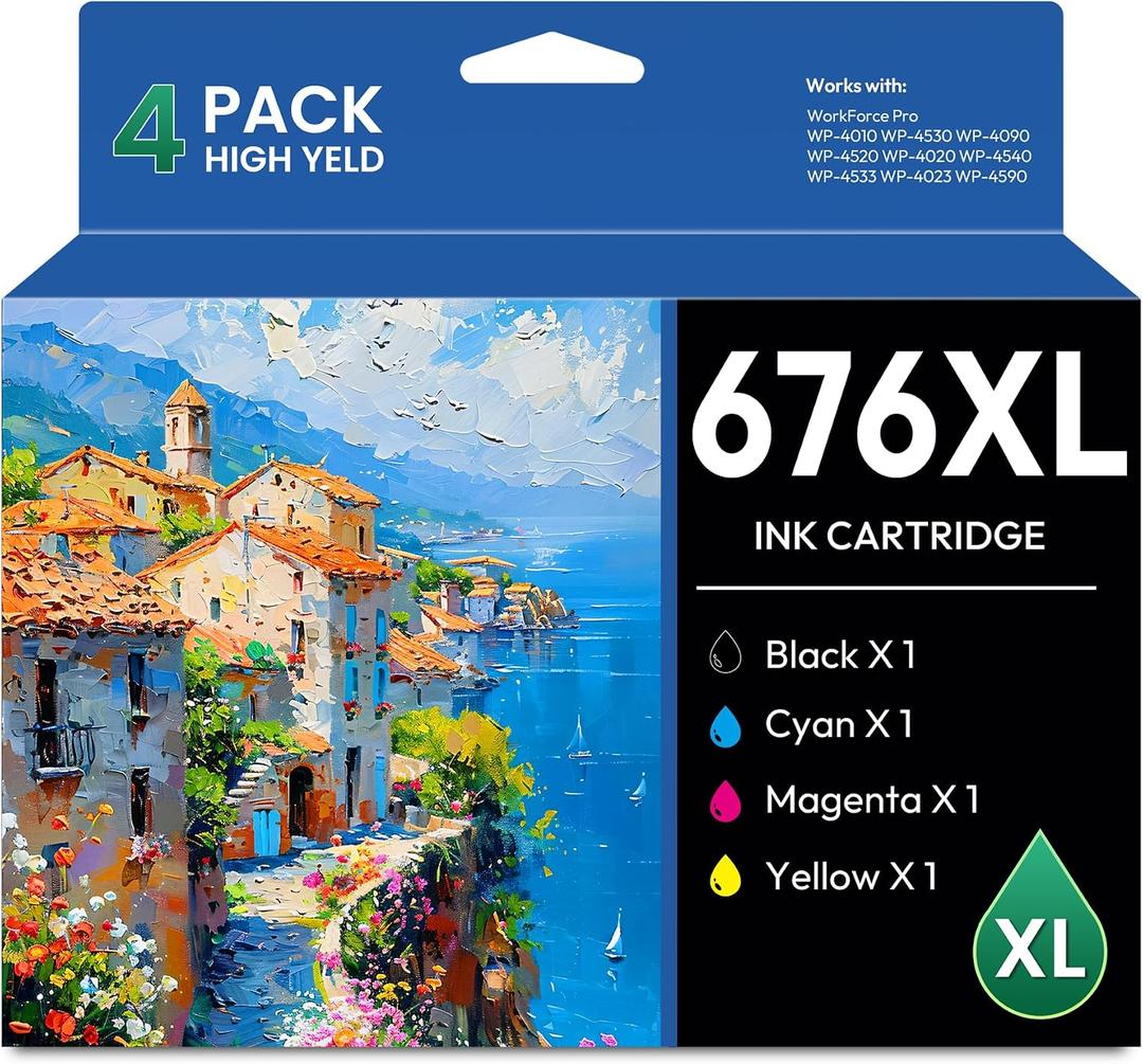676XL Ink Cartridges (with New Chip) Remanufactured for T676XL T676XL120 T676XL220 T676XL320 T676XL420 Ink for Workforce Pro WP-4010 WP-4020 WP-4090 WP-4520 WP-4530 WP-4540 WP-4590 Printer (4-Pack)