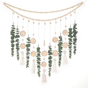 Artificial Hanging Eucalyptus Wall Decor Fake Greenery Leaves Wall Hanging Plants on Long Wooden Beads Garland Wall Art Large Boho Rustic Farmhouse Decor for Bathroom Bedroom Living Room Sage Green