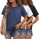 3 Pack Girls Short Sleeve T Shirts | Crewneck Tops, Loose Fit, Summer, Comfy Basic, Casual Blouse, Teen 5-14 Years, Soft, Breathable, Daily Wear