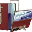 for Samsung Galaxy Z Fold 7 Phone Case,Luxury Genuine Leather,Full Body Hinge Protection,Built-in Screen Protector,Kickstand Slim Phone Cover for Galaxy Z Fold7 (Red)