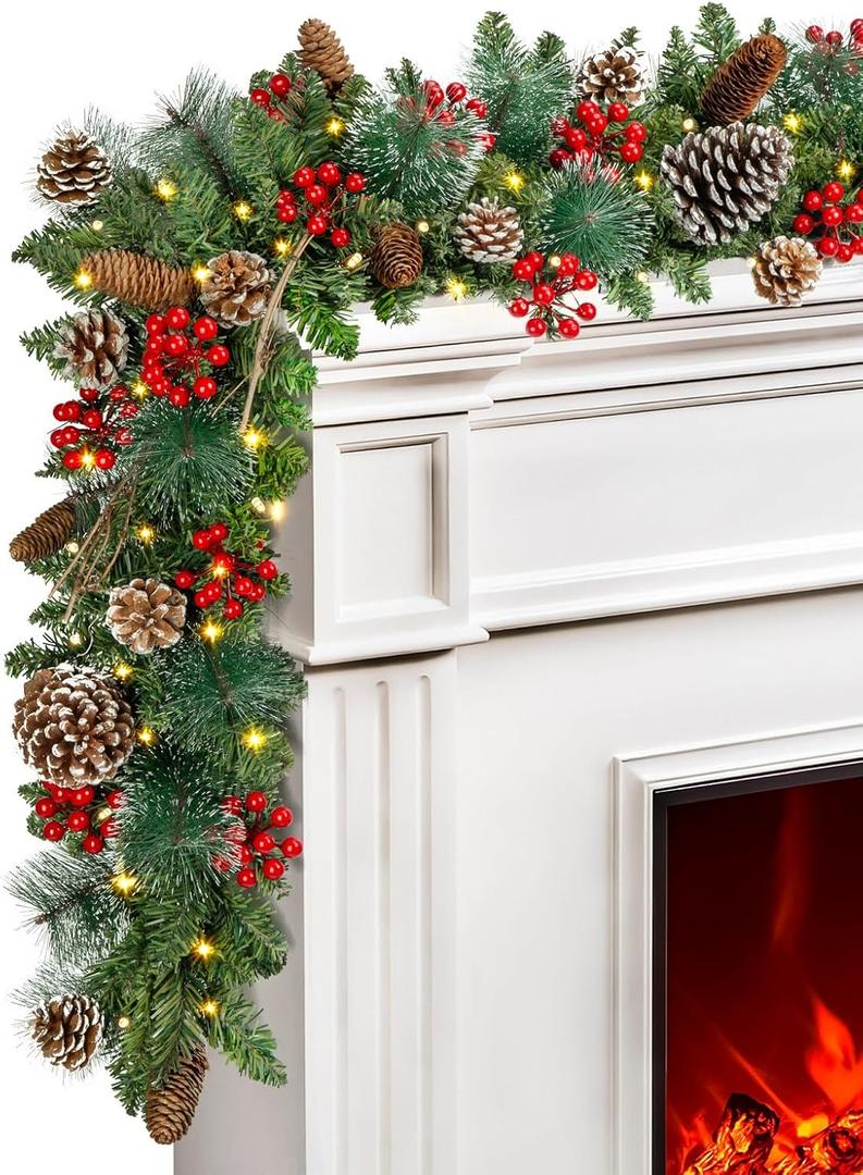 TigeJoy 9FT Luxury Prelit Christmas Garland with Warm White LED Timer Lights, Snow Cedar Garland with Red Berries, Mixed Pinecones, 8 Modes 3AA Battery Operated Xmas Decor for Fireplace Doorway Porch