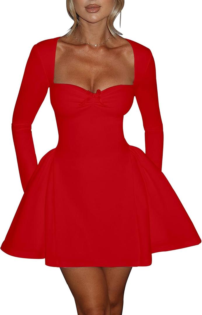 BORIFLORS Women's Sexy Corset Mini Party Dresses Elegant Ruched Long Sleeve Cocktail Short Dress, Small, Red