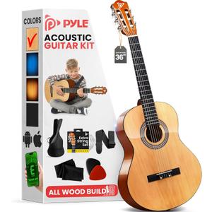 Pyle Beginner Acoustic Guitar Kit, 3/4 Junior Size All Wood Instrument for Kids, Adults, 36" Natural Wood Gloss