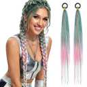 26" Colored Braid Ponytail Extension 2 Pack,Synthetic Straight Braid Hair with Elastic Tie,Mixed Tinsel Ombre Braiding Ponytail for Women Girls Wacky Hair Day,Cosplay & Holiday Hairstyles (Green-Pink-White)