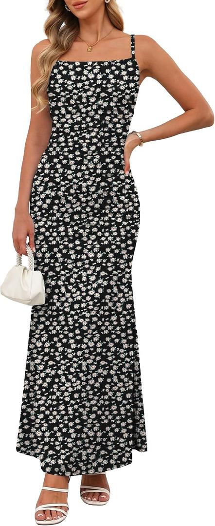 Women Sleeveless Spaghetti Strap Floral Maxi Dress Ruched Bodycon Beach Wedding Guest Backless Long Slip Dresses (Black, XS)