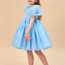 LalaMira Flower Girl Dress Organza Toddler Dresses Puff Sleeve & Bow Bcak Girls Princess Dress for Wedding Birthday Party Blue-12M