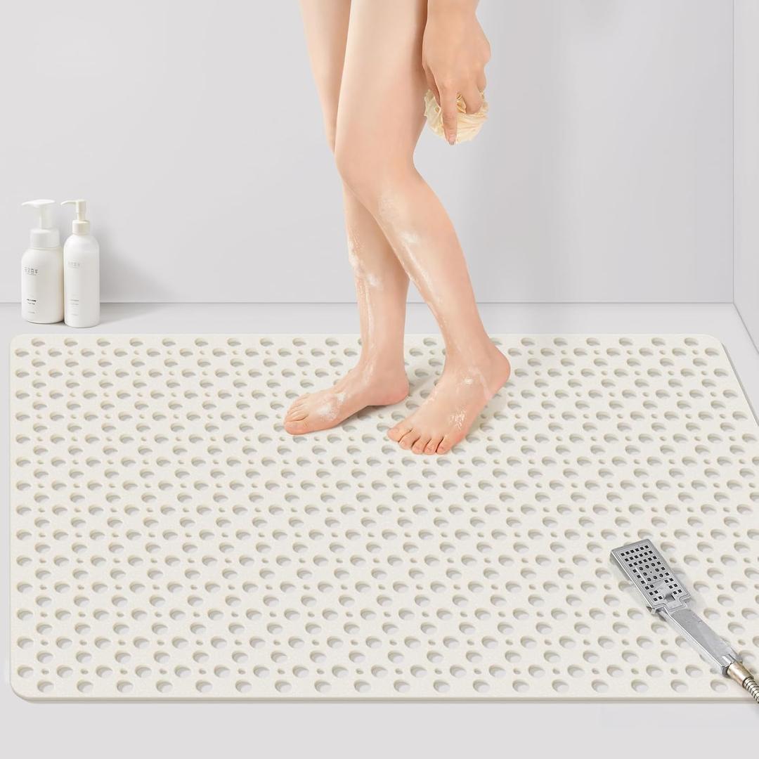 Yolife Extra Large Shower Mat 47x32 inch, Non Slip Shower Mat for Inside Shower with Drain Holes and Suction Cups for Bathroom, No Odor TPE Shower Floor Mat,White
