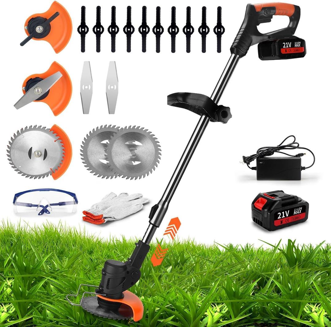 Weed Wacker Battery Operated, 3 in 1 Cordless Grass Trimmer with 3 Types Blades and Rechargeable No String Weed Wacker for Lawns Includes 1 * 3.0ah Battery with Charger (High quality kit includes 1 battery)