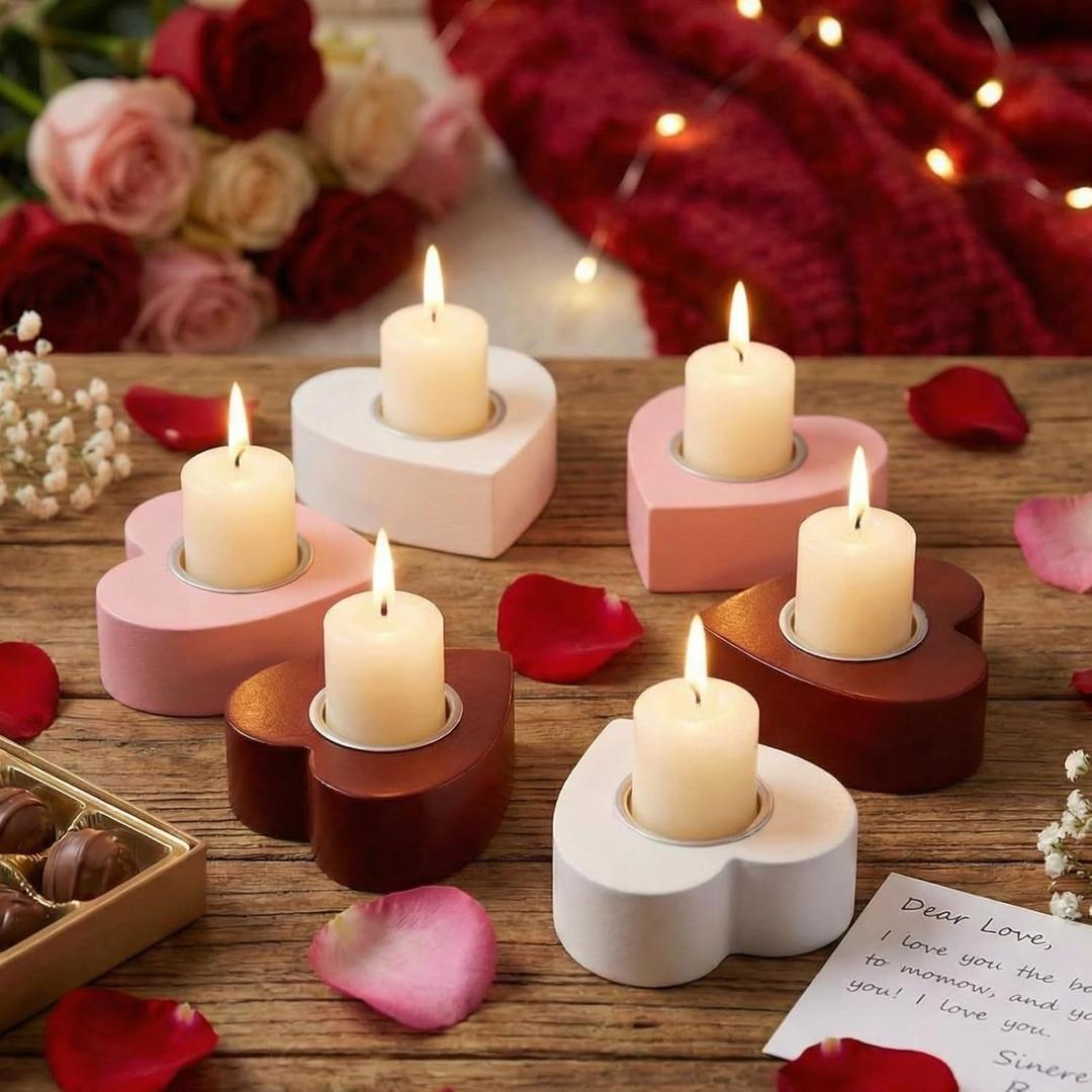 FoldTier 6 Pcs Heart Candlestick Holders Wooden Heart Taper Candles Holders for Dining Wedding Party Table Centerpieces Home Decoration