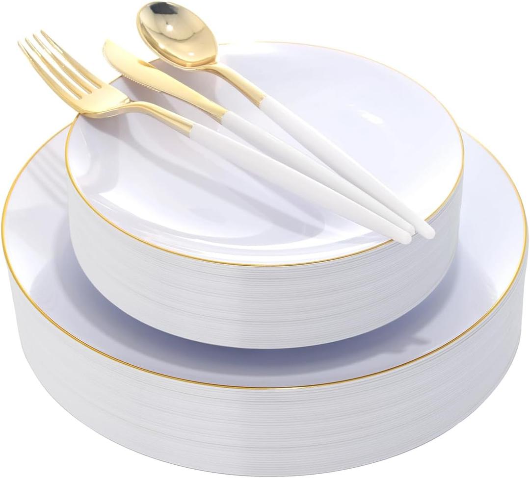 DaYammi 30 Guests Gold Plastic Plates with Disposable Silverware,Gold Cutlery with White Handle,White Disposable Dinnerware:60 Dinner/Dessert Plates,90 Plastic Silverware Set,Gold Plate for Party