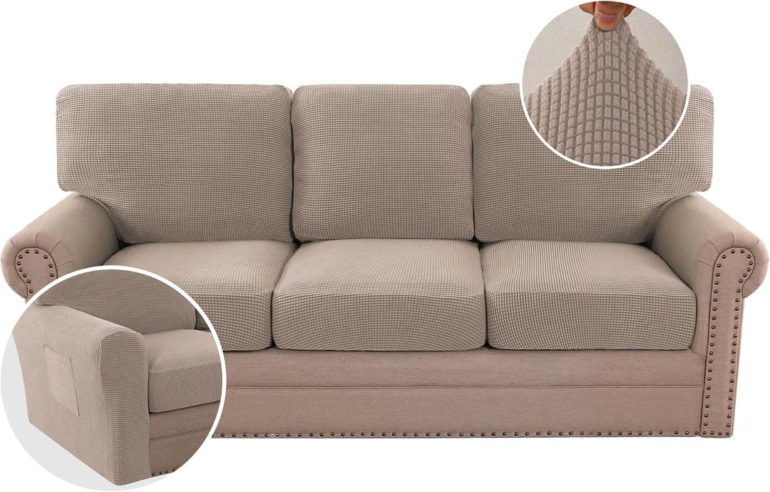 H.VERSAILTEX Multi-Pieces Sofa Covers Stretch Couch Covers Form Fitted Seats and Back Cushions Covers (3 Seat Covers Plus 3 Back Cusion Covers, Bonus 2 Armrest Covers), Sand