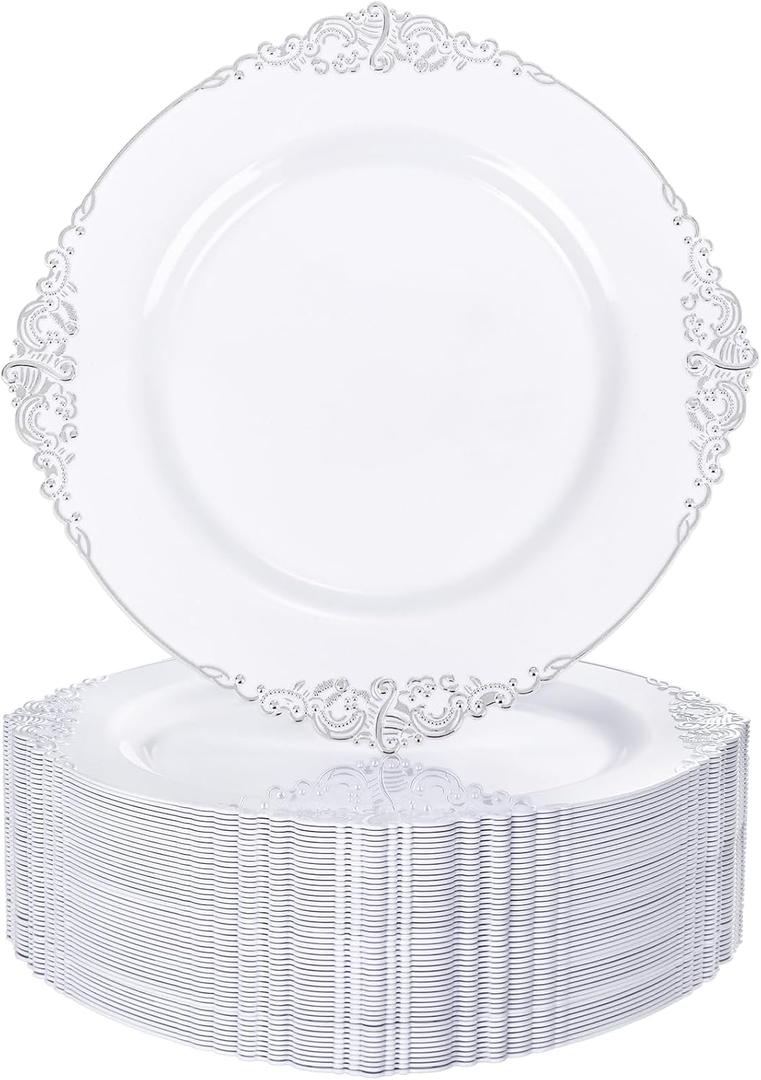 Nervure 100PCS White and Silver Plastic Plates - 10.25Inch Silver Disposable Plates - Heavyweight Dinner Plates for Wedding & Party