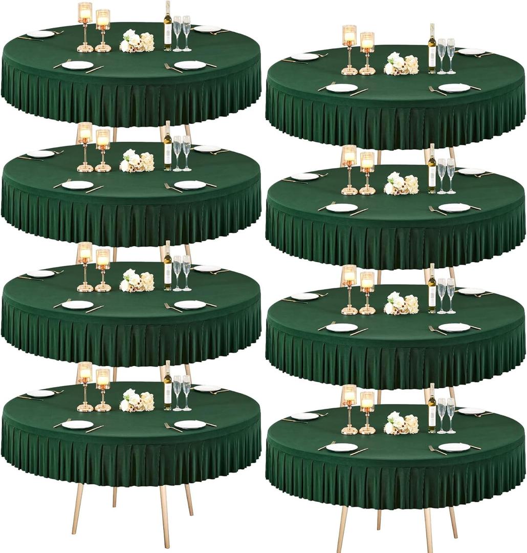 8 Pack Green Spandex Round Tablecloths for 72 inch Table, Stretchy Fitted 6FT Round Table Cloths Wrinkle Free Round Table Covers with Table Skirt for Christmas Wedding Banquet Birthday Party